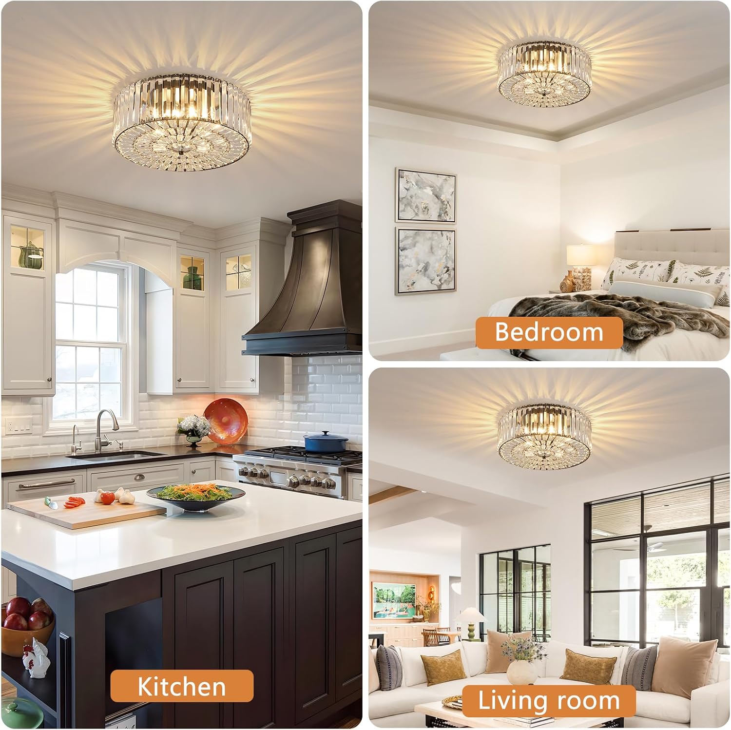 Large Crystal Ceiling Light, 17.5' Black K9 Crystal Flush Mount Ceiling Light, 4-Light Round Luxury Light Fixture for Dining Room, Bedroom, Hotel, Living Room, XDD007-4-BK