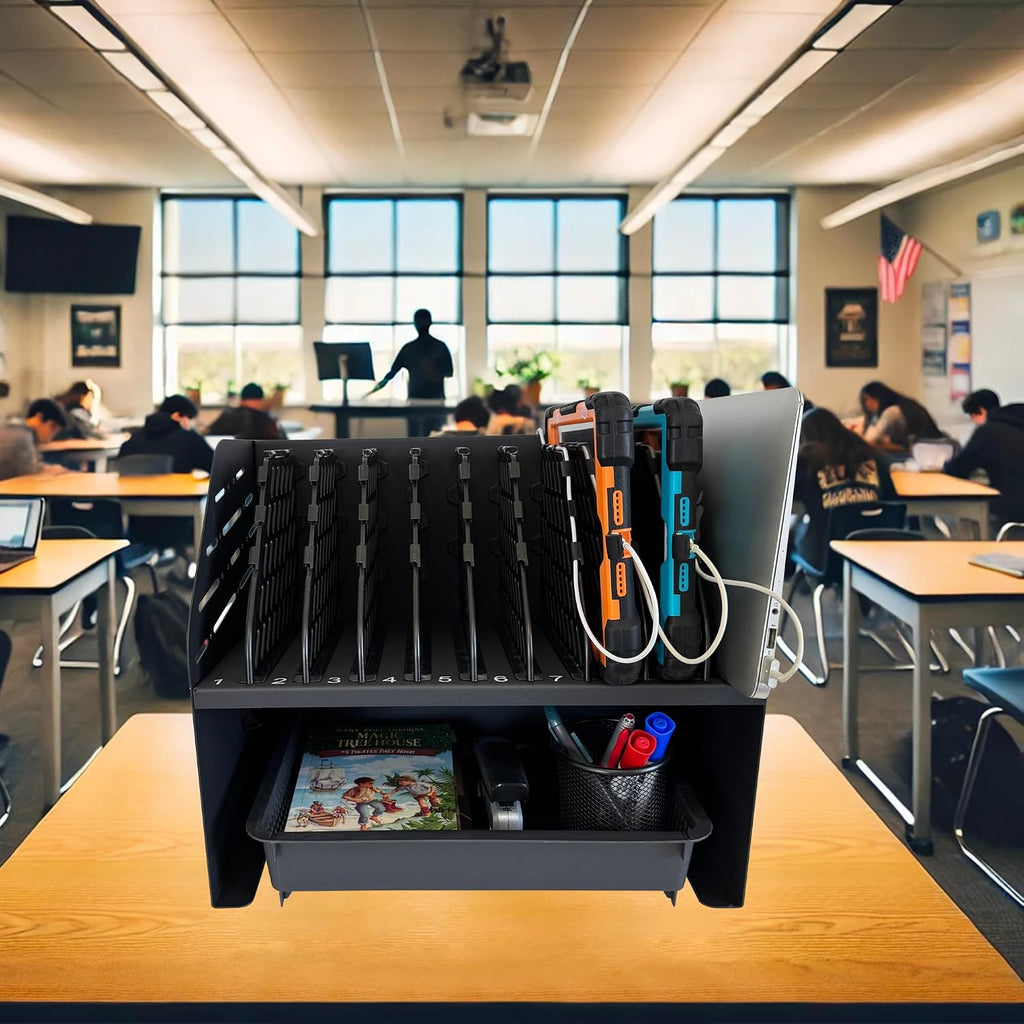 Laptop Charging Station for Classroom, Office, or Home, 10-Device Organizer with 6 AC Outlets & 4 Fast-Charging USB Ports, Fits Laptops, Tablets & E-Readers up to 1.375' Thick, 15.6'
