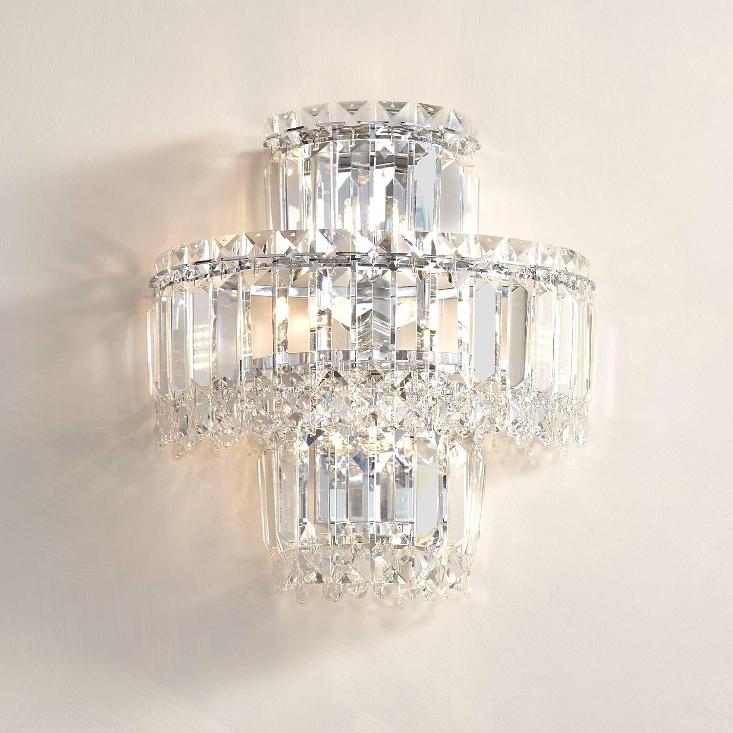 Vienna Full Spectrum Magnificence Mid Century Modern Wall Light Sconce Chrome Silver Hardwired 11 1/2' Wide Fixture Tiered Clear Crystal for Bathroom Vanity Mirror House Home Hallway Room Decor