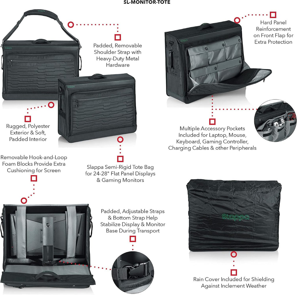 Slappa Gaming Monitor Tote Bag with Water Resistant Zippers and Adjustable Carry Strap; Fits 24'-28' Monitors (SL-MONITOR-TOTE)