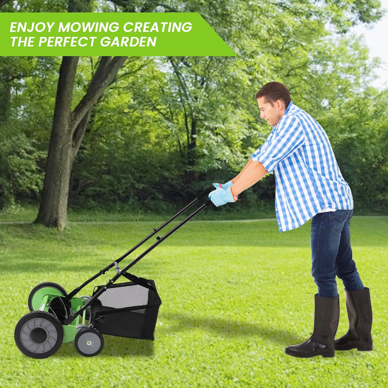 Push Mower Manual, 20 Inch 5-Blade Reel Mower with Grass Catcher, Adjustable Height