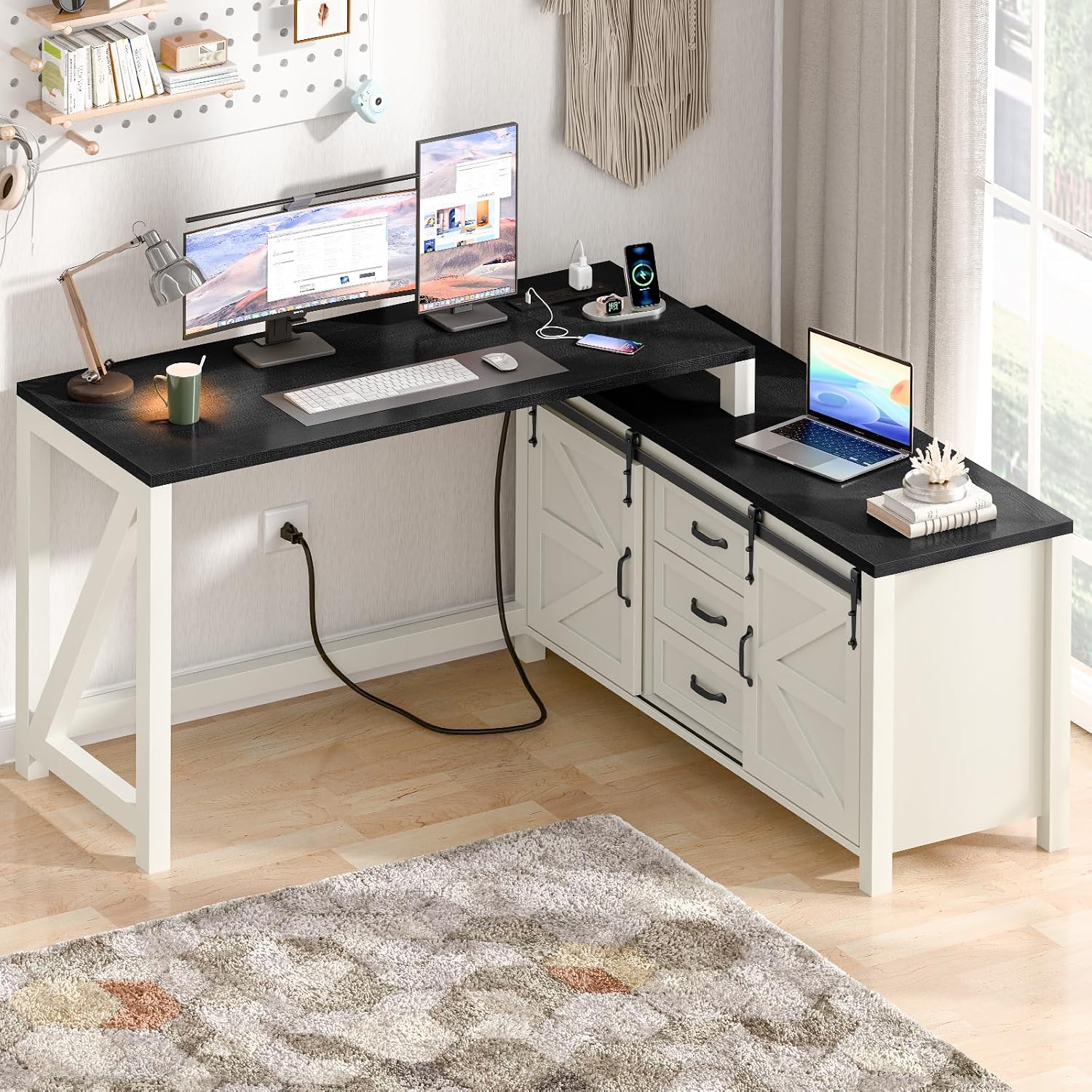 Executive L Shaped Office Desk with Drawers, Farmhouse Corner Desk for Home Office with Storage Cabinet, Computer Desk with Charging Station, Reversible Study Writing Table Workstation, Rustic White
