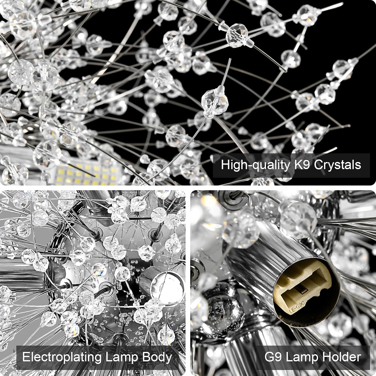 Modern Dandelion Firework Chandelier, Chrome Dining Room Chandelier, Crystal Hanging Pendant Lighting Fixture for Living Room, Bathroom, Bedroom, Entryway, 12-Light