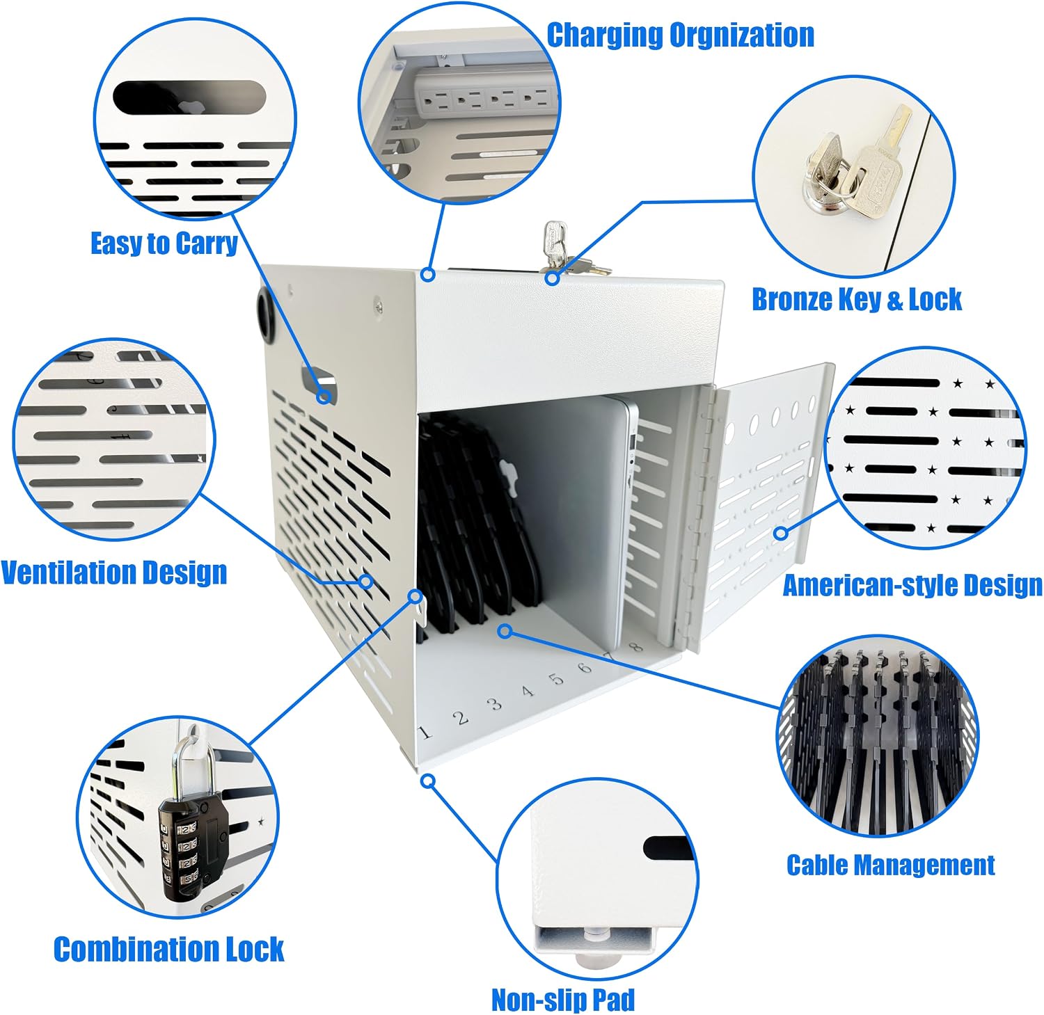 8-Device Tablet & Laptop Charging Station, Lockable Steel Charging Cabinet for Chromebooks, iPads & Devices Up to 14', Multi-Device Storage Organizer for Classroom, Office & Library, White