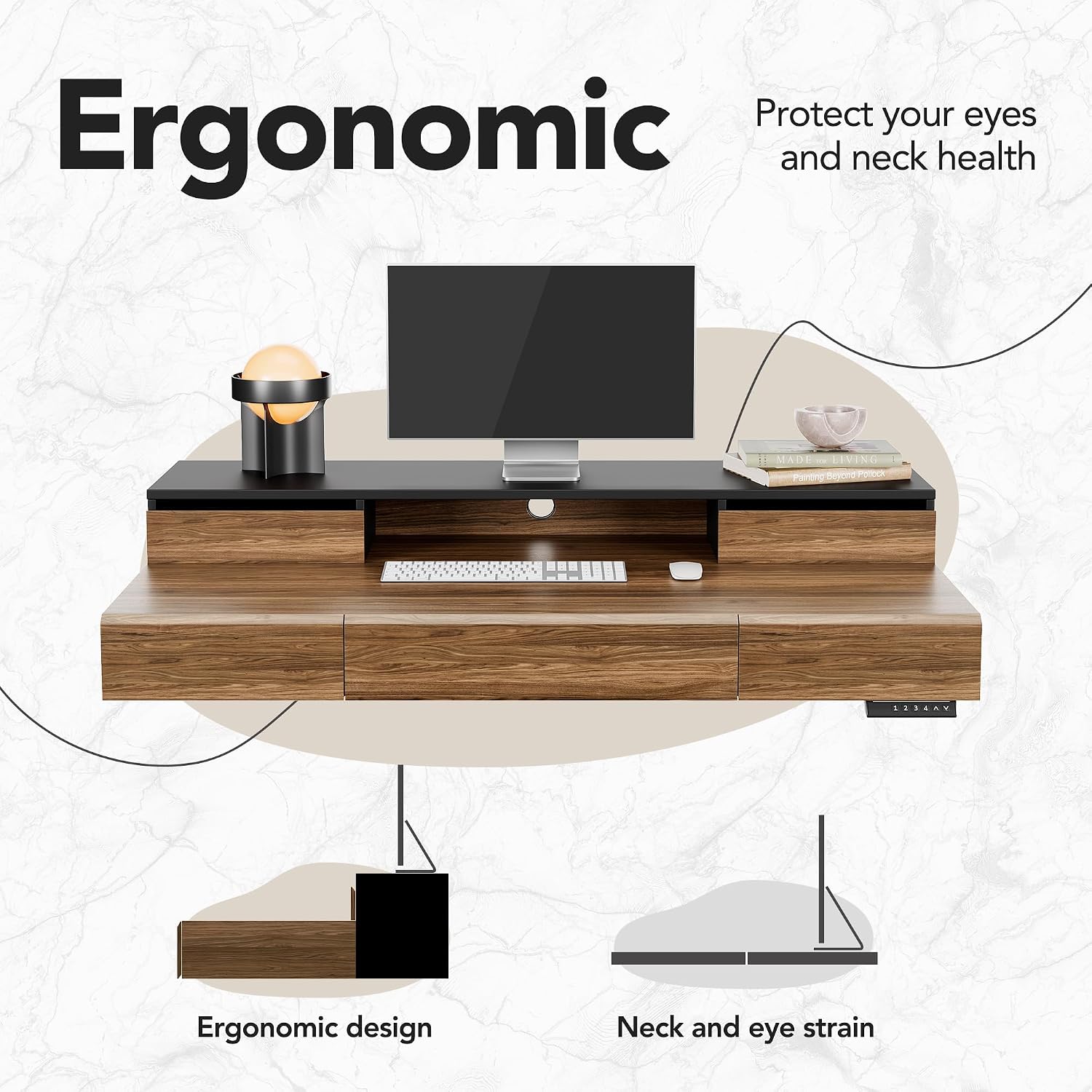 HUANUO Standing Desk with Drawers, 48 Inches Electric Height Adjustable Desk with Storage, Whole-Piece Board Sit Stand Up Desk with Monitor Shelf, Black Walnut