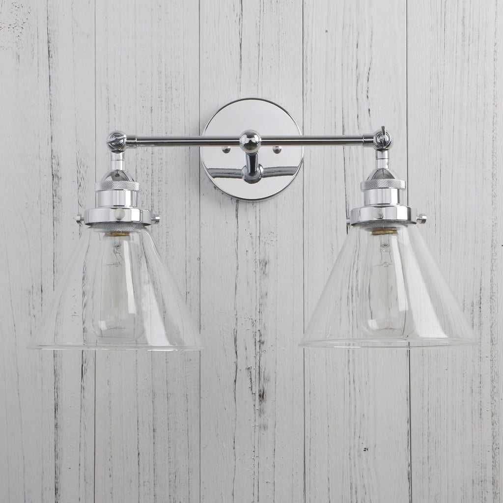 Permo Vintage Industrial Antique 2-Lights Wall Sconces with Dual Funnel Clear Glass Shade (Chrome)