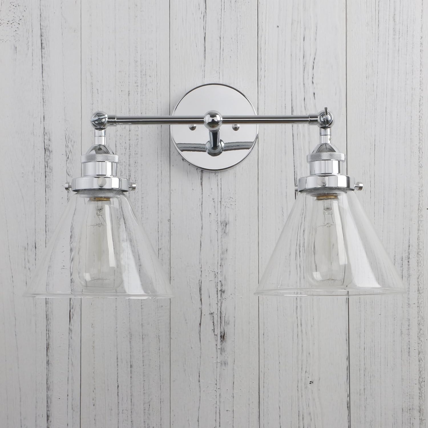 Permo Vintage Industrial Antique 2-Lights Wall Sconces with Dual Funnel Clear Glass Shade (Chrome)