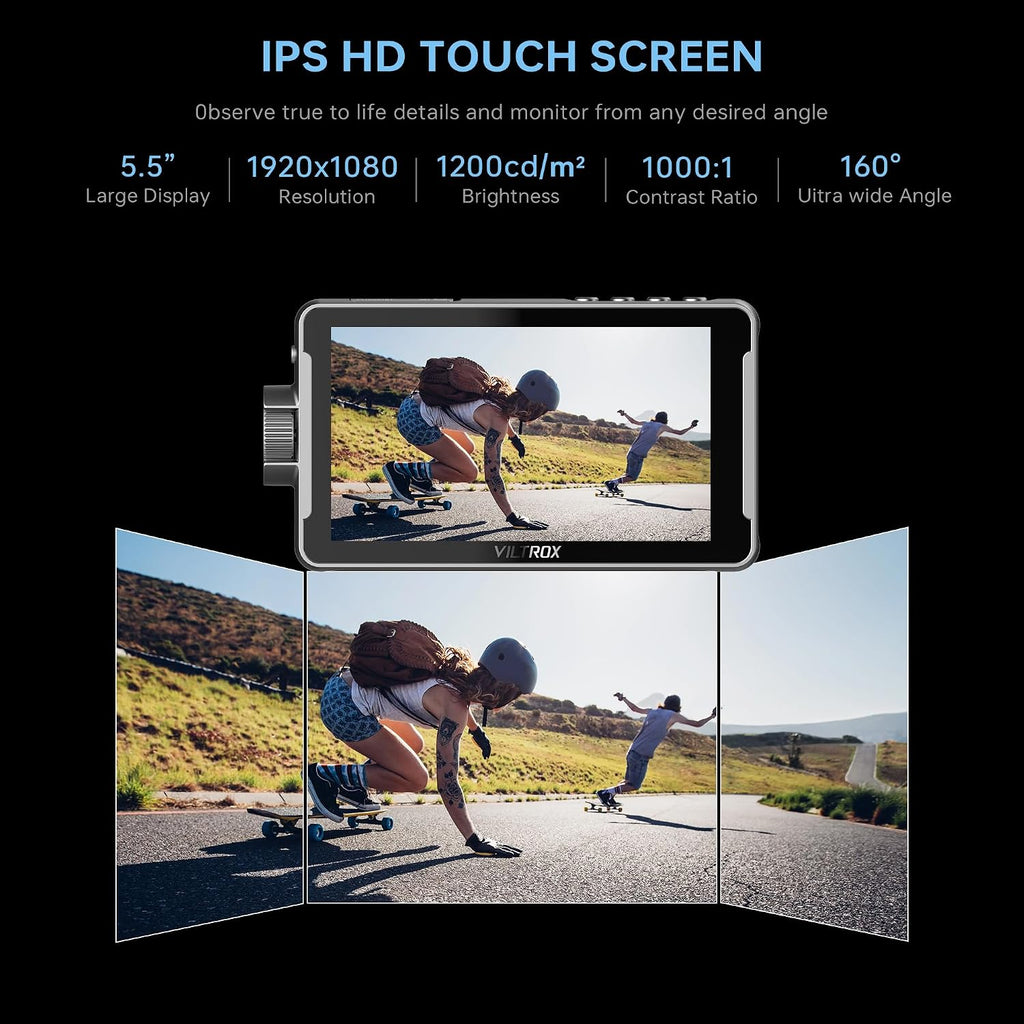 VILTROX DC-550 Pro 5.5 Inch Touchscreen Camera Field Monitor, 4K HDMI, 1200 nits, 160° Wide View Angle, Camera Monitor with Battery, Sunshade Hood, 3D Lut, Peaking Focus Assist, DC 12V Type-C 5V in