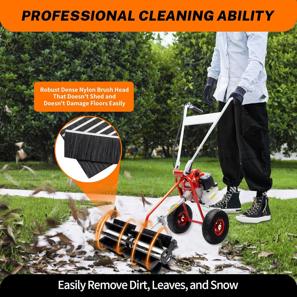 43CC 2-Stroke Walk Behind Gas Power Broom Sweeper, 1.7HP Push Lawn Sweeper with Air-Cooled, Artificial Grass Brush Power Broom Adjustable Speed for Cleaning Driveway Farms Parks Turf