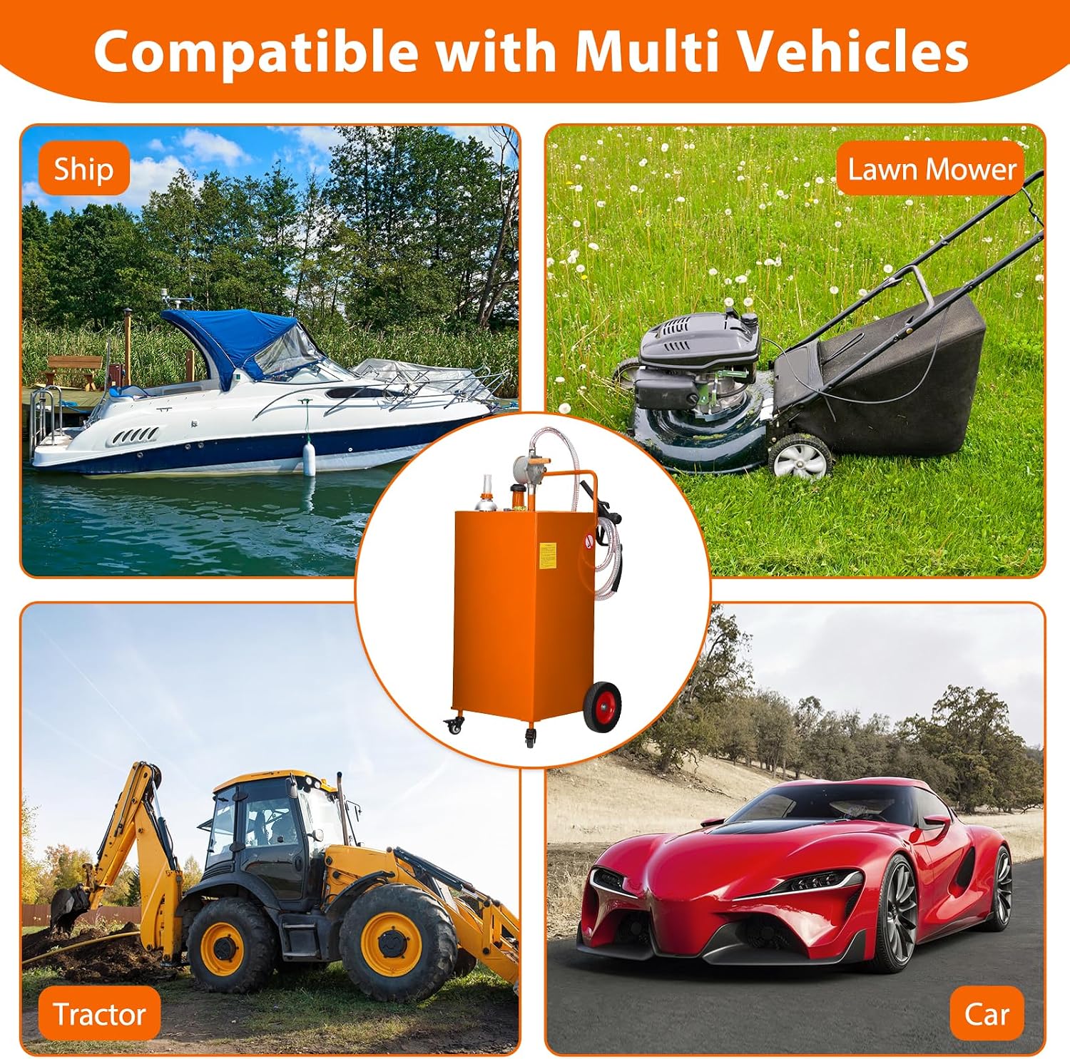 35 Gallon Fuel Caddy w/Manual Pump 4-Wheel Portable Gas & Diesel Storage Tank Heavy-Duty Steel with Hose for Lawn Mower, ATV, Boat, Farm