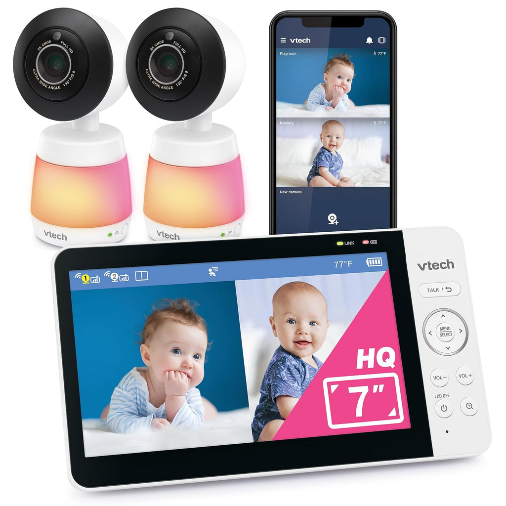 VTech WiFi Baby Monitor with 2 Cameras & 7' IPS Split Screen – 2K Sensor, 1080p HD App, 24X Zoom, Motion Alerts, Video Recording, Night Vision, Free App | Smart HQ Max Twin