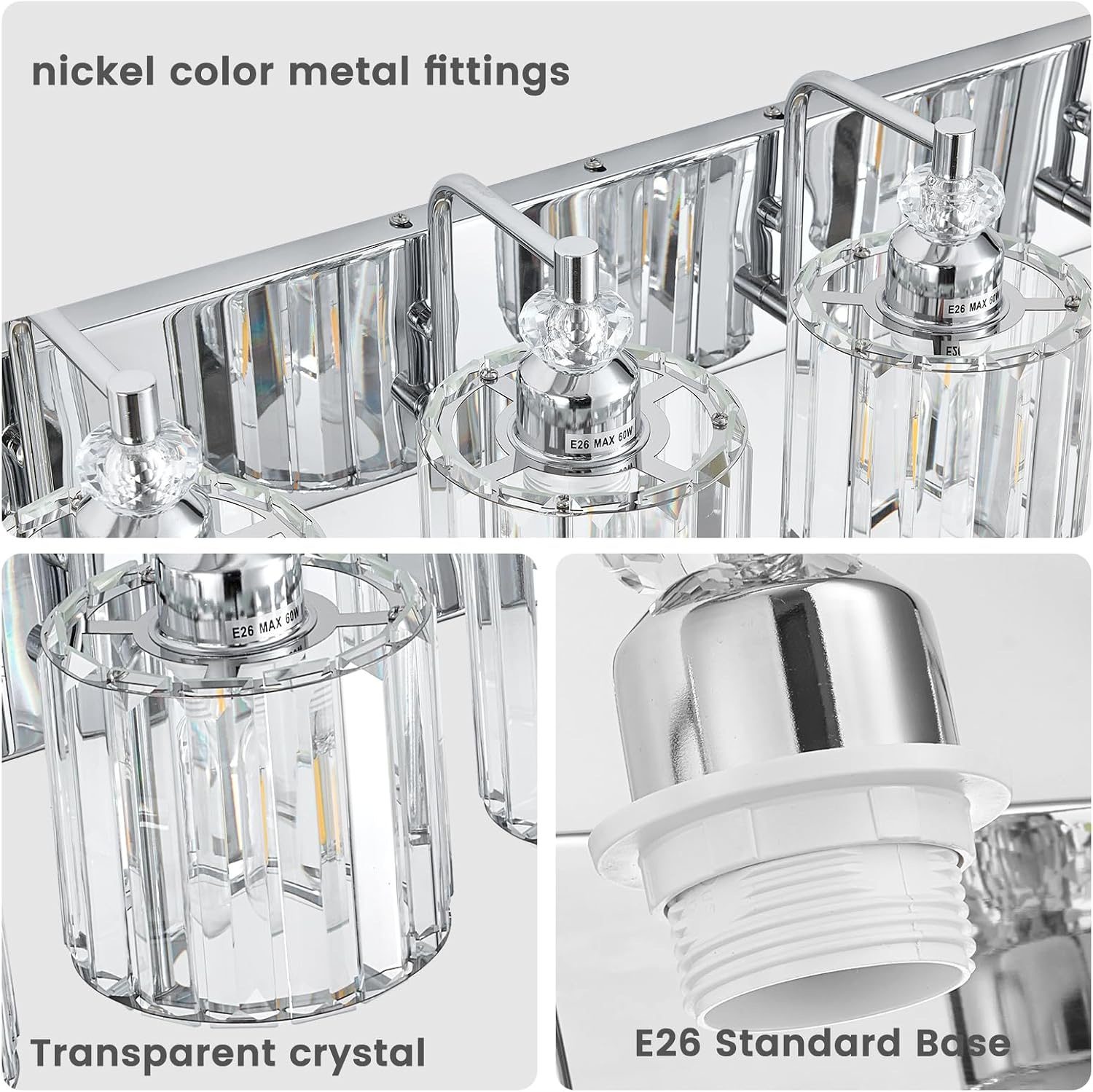 5-Light Modern Bathroom Light Fixture Chrome Bathroom Vanity Lights Over Mirror Wall Sconce Lighting with K9 Crystal Shades E26 Base for Bedroom, Living Room, Hallway Wall Lamp