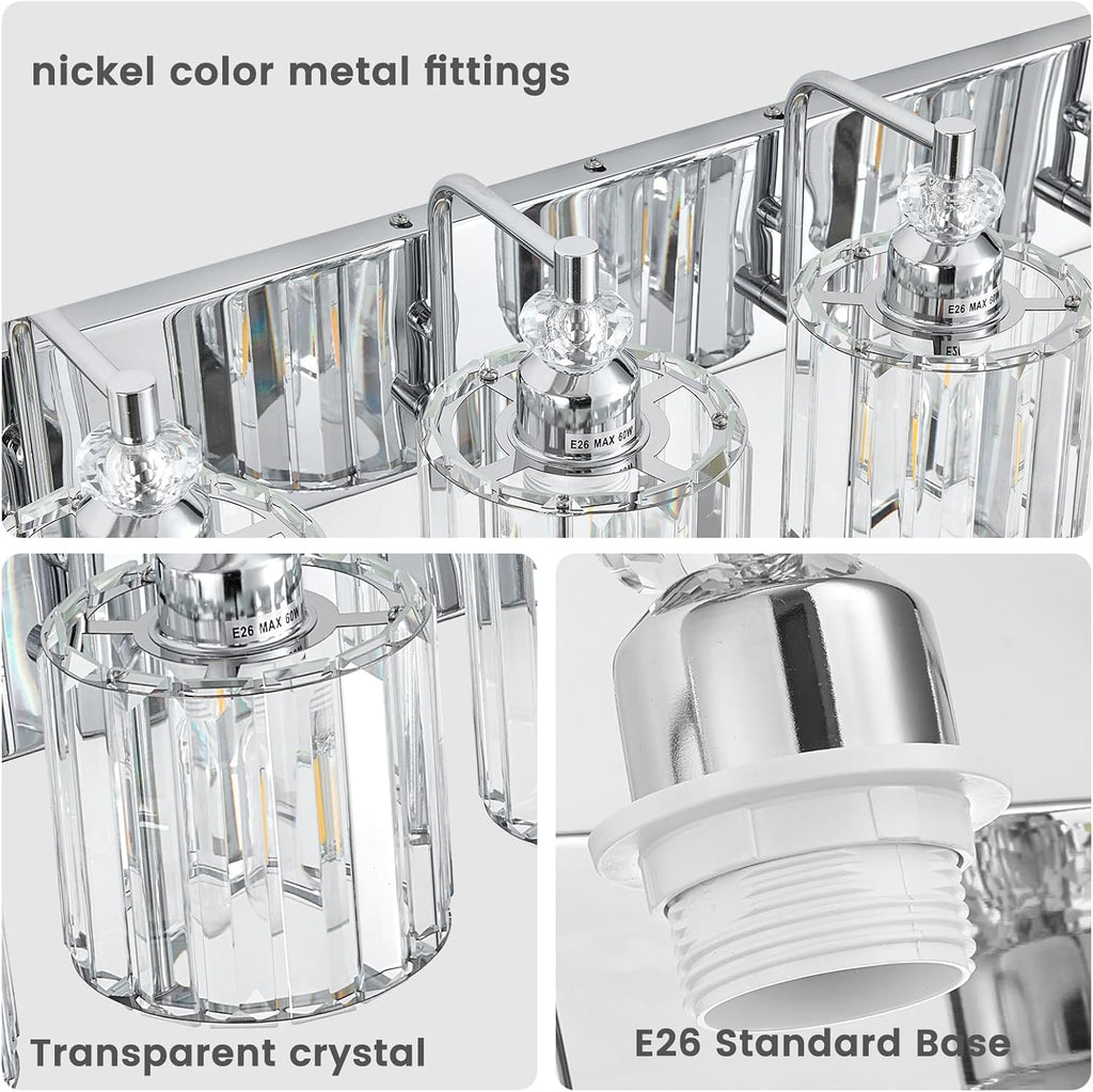 6-Light Modern Bathroom Light Fixture Chrome Bathroom Vanity Lights Over Mirror Wall Sconce Lighting with K9 Crystal Shades E26 Base for Bedroom, Living Room, Hallway Wall Lamp