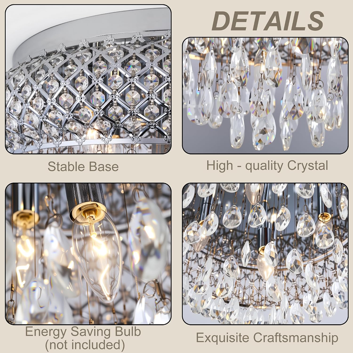 Maxax 19.5'' Chrome Chandelier with Crystal Raindrop Prism, Large 5-Light Flush Mount Ceiling Light Fixture, Drum Raindrop Metal Shade, French Vintage