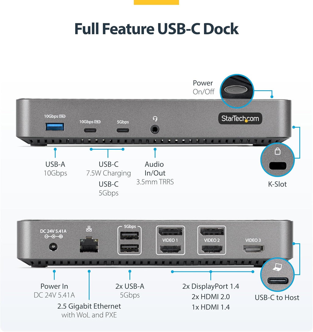 StarTech.com USB-C Triple Monitor Docking Station for MacBook Pro / Air M1 M2 M3 M4 & Windows, Universal 4K HDMI DP Dock, Thunderbolt Compatible, 100W Laptop Charging (116N-USBC-DOCK)