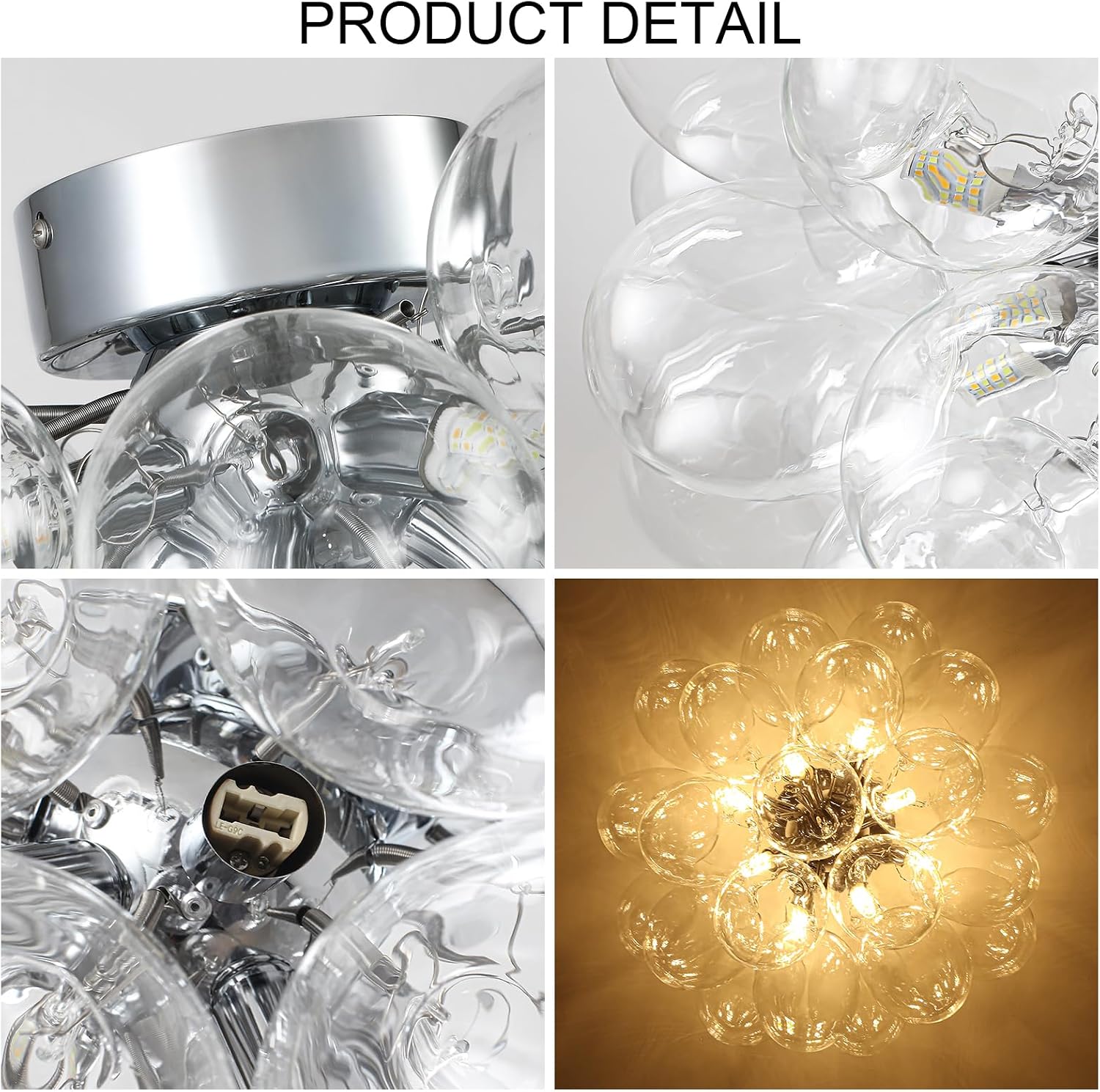 8-Light Chrome Flush Mount Ceiling Light, 16' Glass Bubble Ball Chandelier with 21 Clear Balls, Modern Globe Dining Room Light Fixture for Bedroom, Living Room, Hallway, Entry, Bathroom