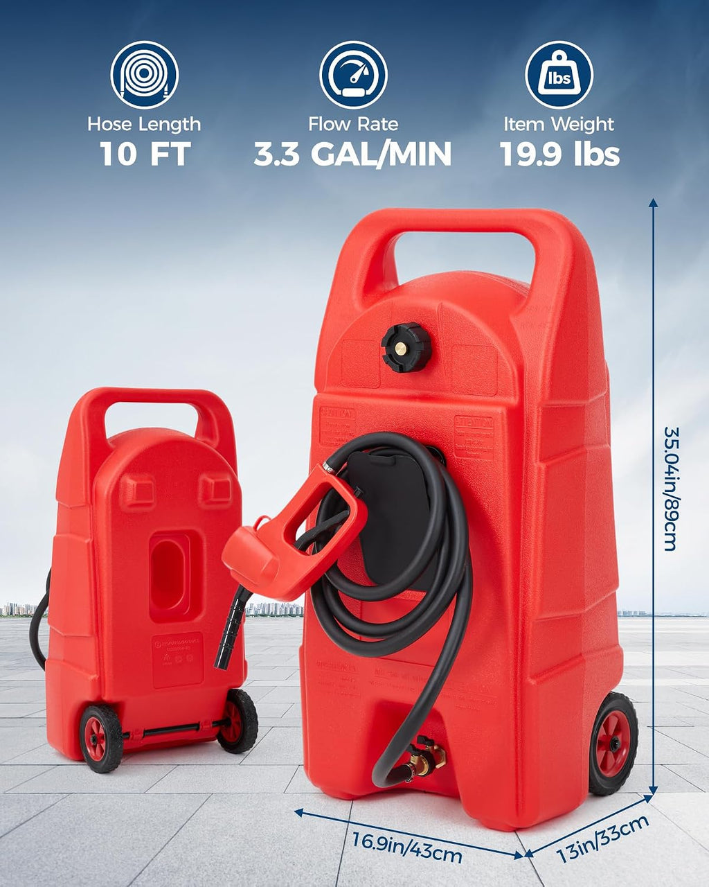 Upgraded 15-Gallon Gas Can & Fuel Tank with Manual Transfer Pump, 10FT Hose & Wheels: Heavy-Duty, Leak-Proof Portable Gas Caddy for Lawn Mowers, Tractors, Cars, Boats, ATVs, and Snow Blowers