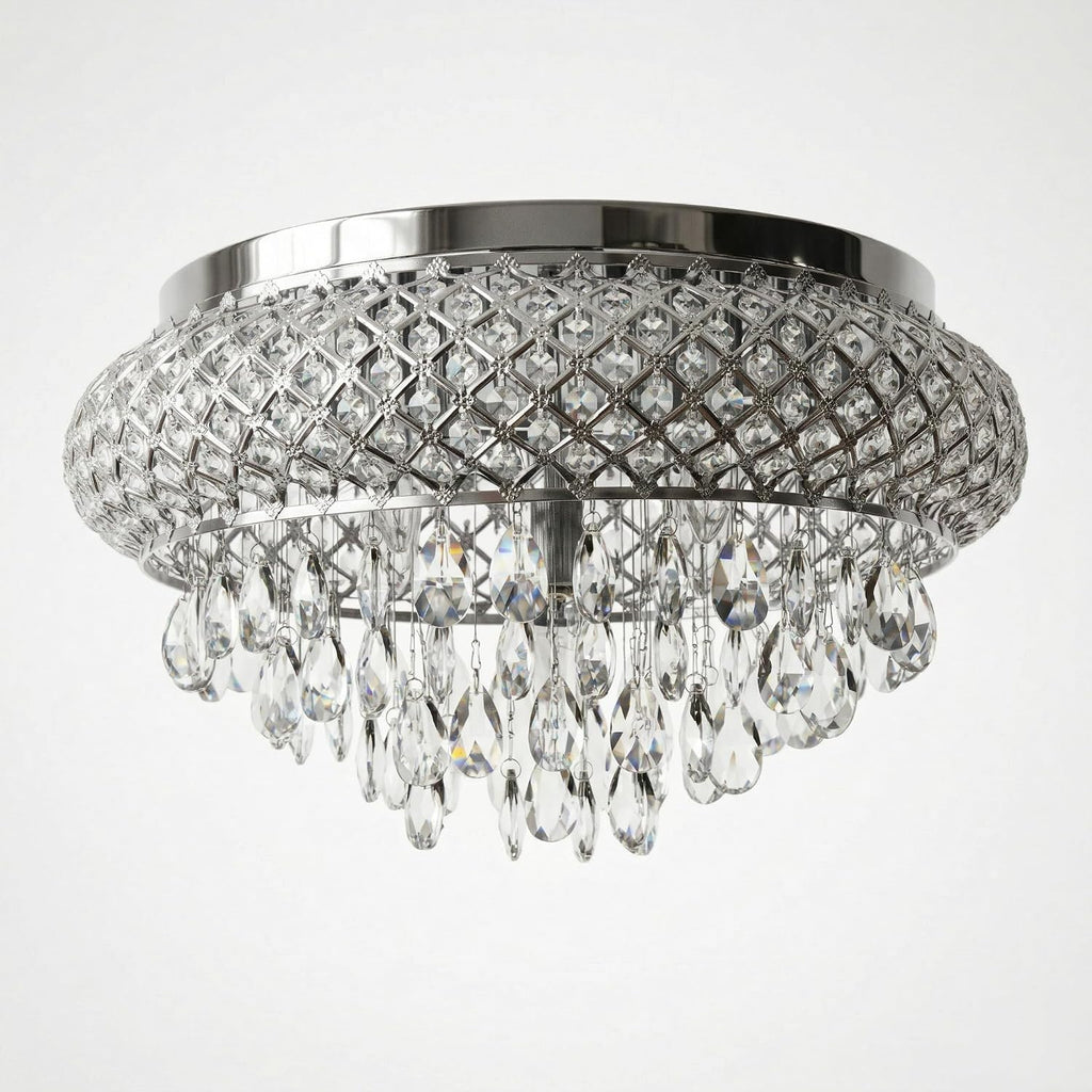 Maxax 19.5'' Chrome Chandelier with Crystal Raindrop Prism, Large 5-Light Flush Mount Ceiling Light Fixture, Drum Raindrop Metal Shade, French Vintage