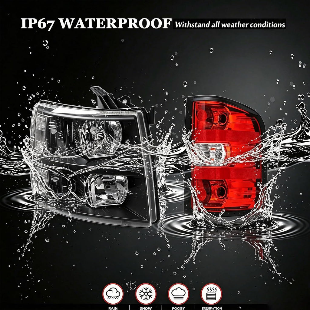 Headlights Tail Lights Combo Compatible with 2007-2013 Chevy Silverado 1500,2007-2014 Chevrolet Silverado 2500HD 3500HD Replacement Head lights Rear Brake Lamp Assembly, Black Housing Clear Lens