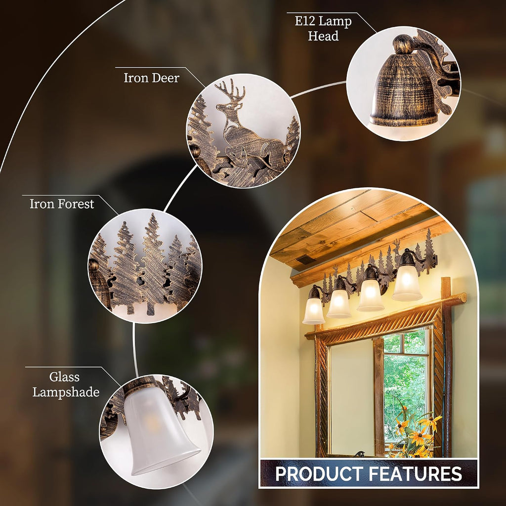 TOCHIC Rustic Bathroom Light Fixtures Over Mirror, 4 Lights Farmhouse Log Cabin Vanity Lights for Bathroom, Western Deer Sconces Bath Vanity Wall Lighting for Mirror Cabinet, Powder Room, 36' L