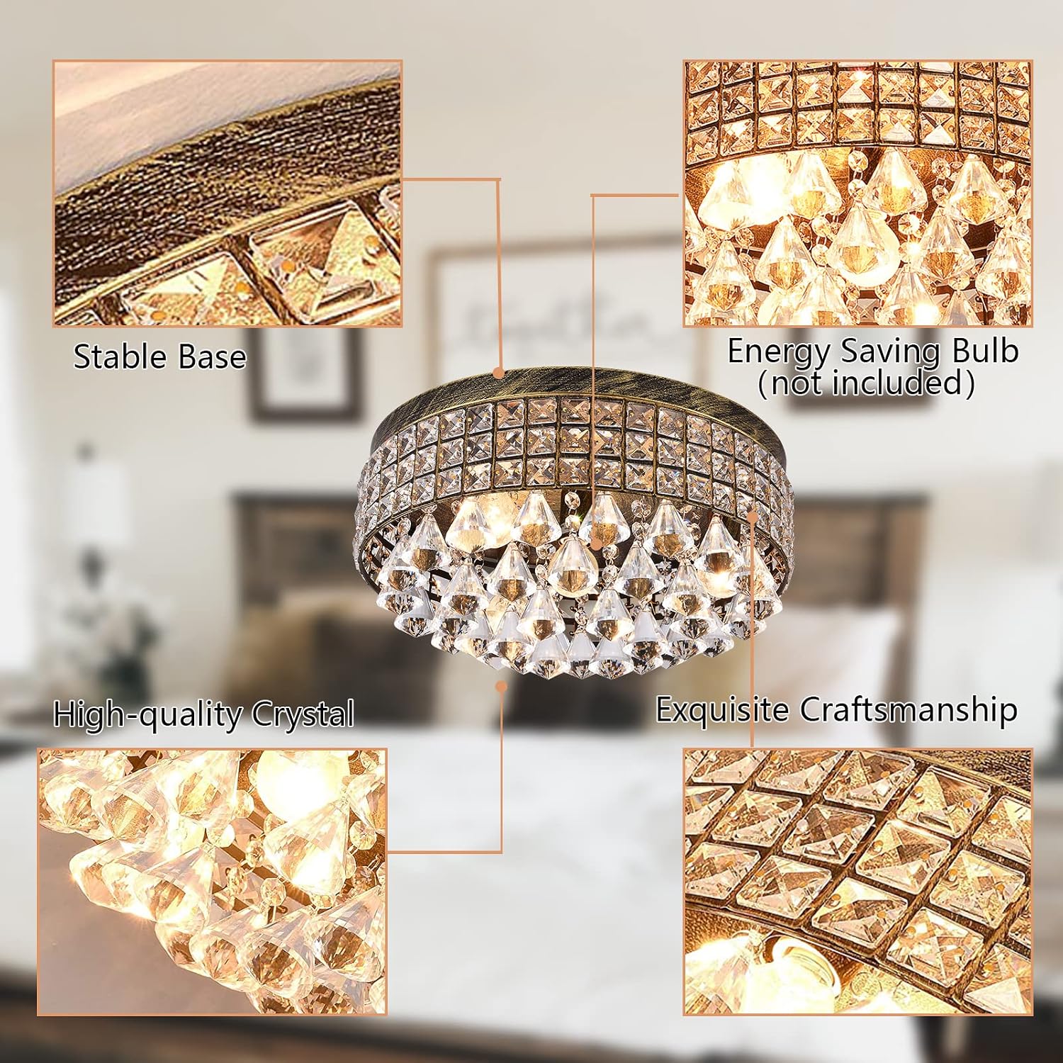 Maxax 4-Light Traditional Crystal Chandelier, Bronze Drum Ceiling Light Fixture with Round Metal Shade & Raindrop Crystals, 15,7' Vintage Flush Mount for Dining Room, Bedroom, Entryway