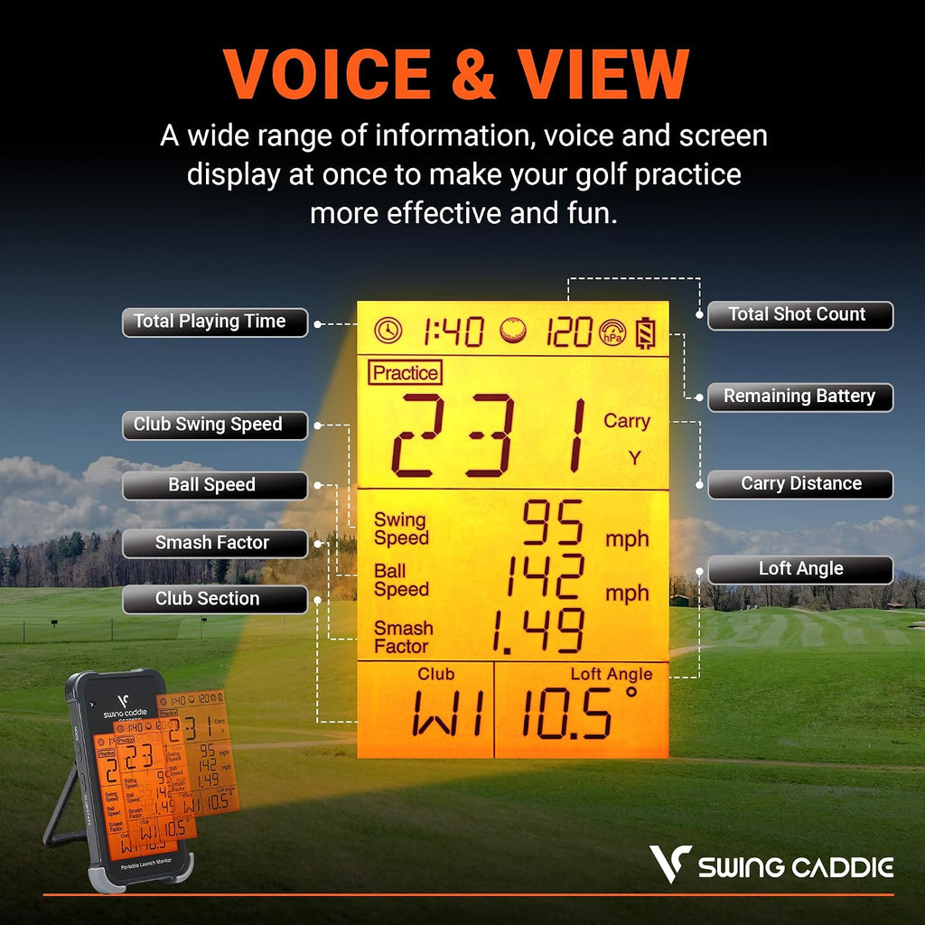 Voice Caddie Portable Golf Launch Monitor and Swing Analyzer with Real-Time Shot Data Tracking | Ideal Golf Swing Trainer/Training Equipment for Indoor & Outdoor | Up to 20 Hours Battery Life
