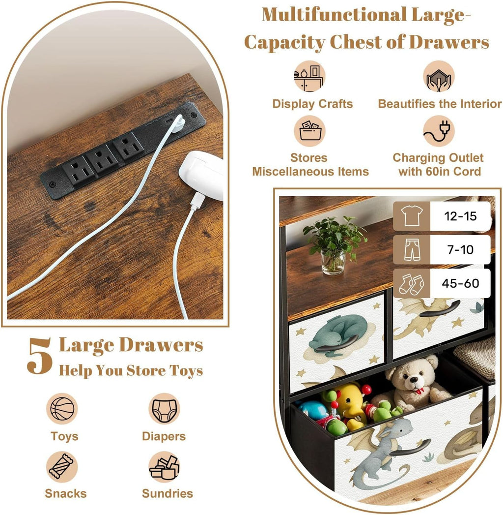TV Stand with 5 Fabric Drawers Dragon Baby Animals Watercolor Dresser for Bedroom Wide Chest of Drawers Storage Organizer Unit with Open Shelves Power Outlet
