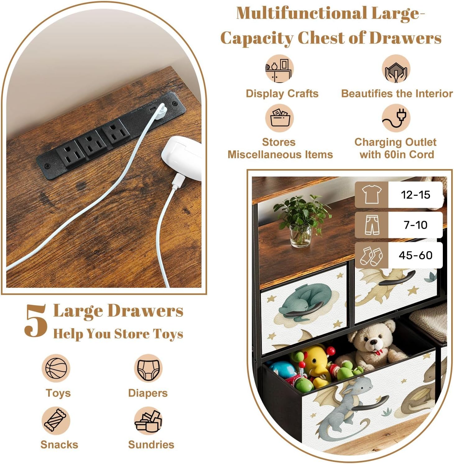 TV Stand with 5 Fabric Drawers Dragon Baby Animals Watercolor Dresser for Bedroom Wide Chest of Drawers Storage Organizer Unit with Open Shelves Power Outlet
