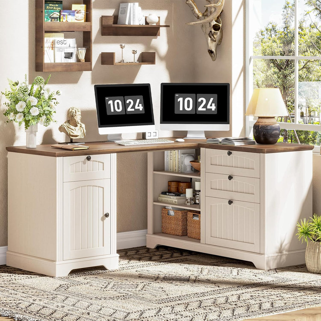 Farmhouse L Shaped Desk with Drawers, 56 Inch Executive Desk with File Drawer and Storage Cabinet, Wooden Corner Computer Desk with Power Strip for Home Office Work and Study, Rustic White and Walnut