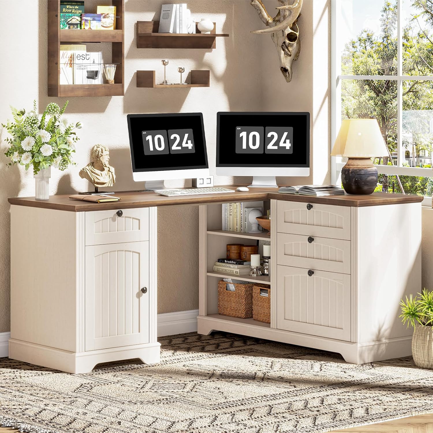 Farmhouse L Shaped Desk with Drawers, 56 Inch Executive Desk with File Drawer and Storage Cabinet, Wooden Corner Computer Desk with Power Strip for Home Office Work and Study, Rustic White and Walnut