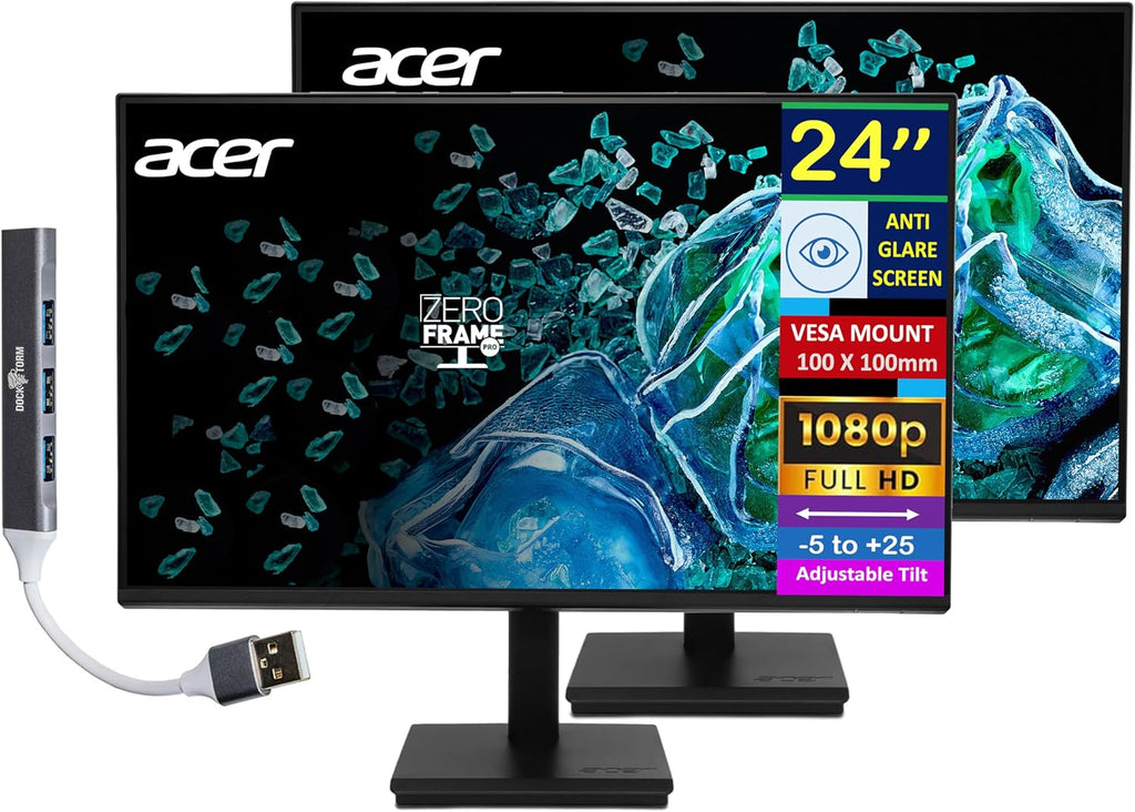 acer 24' FHD IPS Monitor with 4ms Response Time, Anti Glare, VESA Mount (100 x 100mm), HDMI, VGA & Dockztorm USB Port Expander, Black Color 2 Pack
