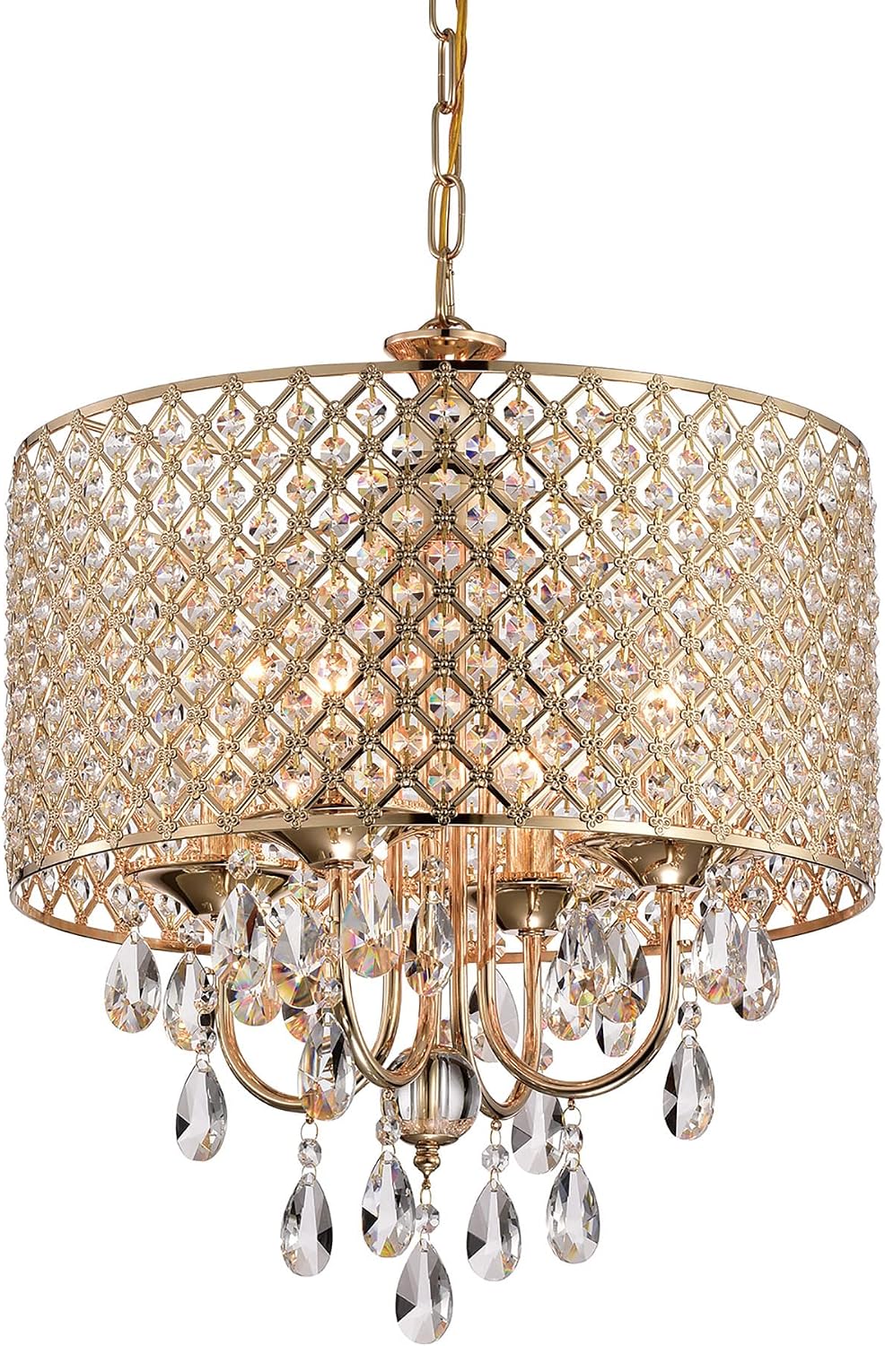 Edvivi Marya 4-Light Round Crystal Chandelier Ceiling Fixture | Beaded Drum Shade (Gold)