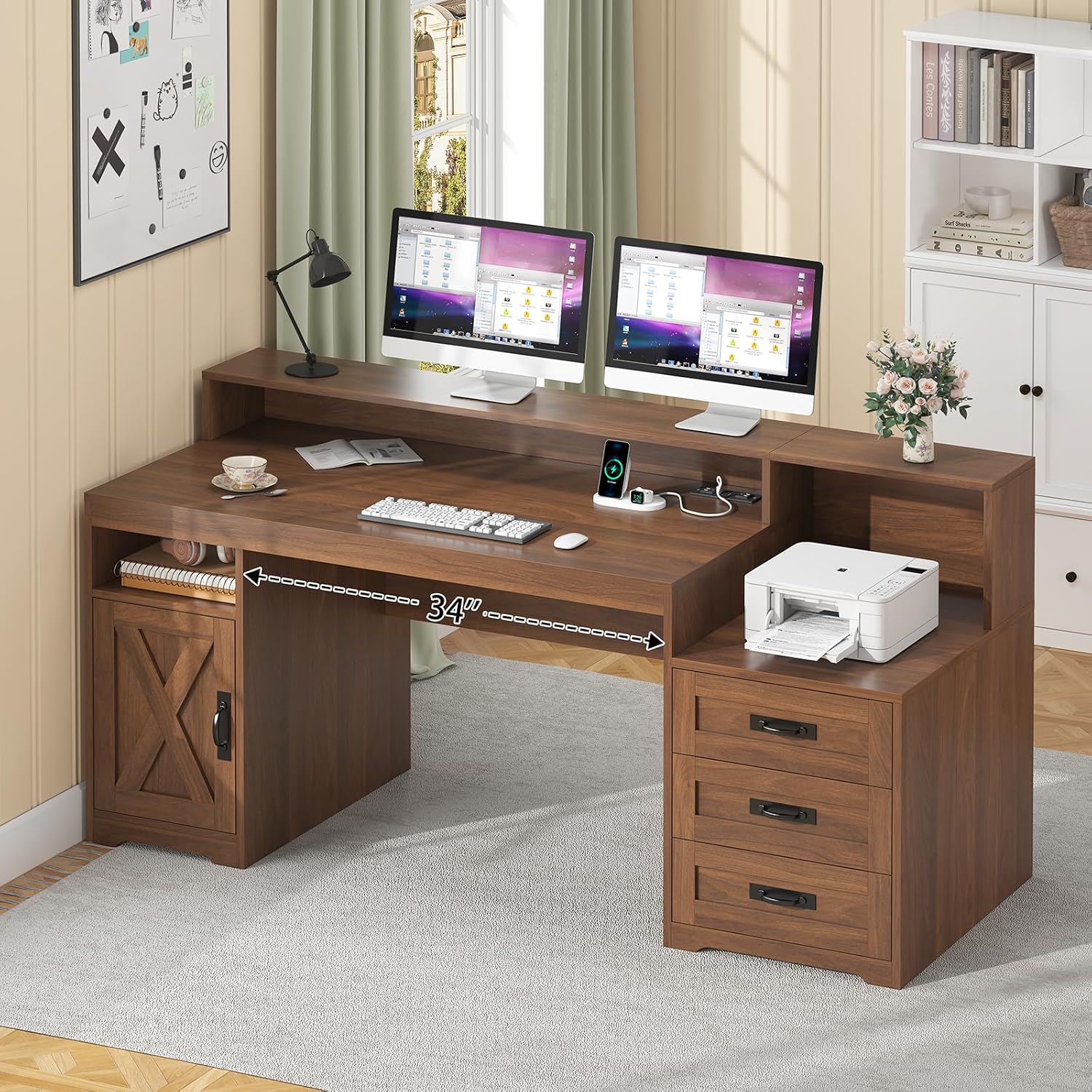 TVU Farmhouse Computer Desk with Drawers, 65'' Home Office Desk with Power Outlets, Storage Cabinet and Printer Stand, Study Writing Desks with Long Monitor Stand, Brown