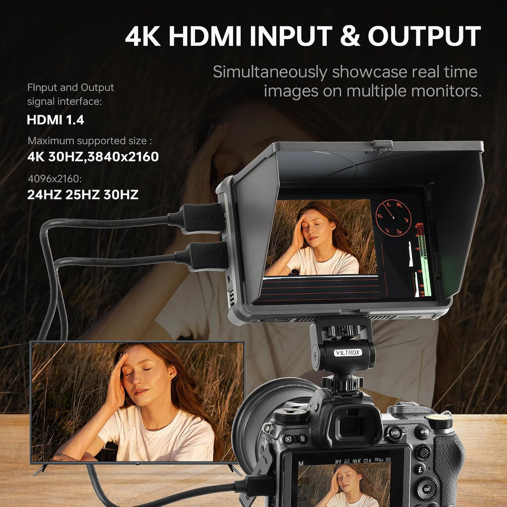 VILTROX DC-X2 6 Inch Touchscreen Camera Field Monitor, Professional Photographic Monitor 4K HDMI, 2000 nits, Camera Monitor with Battery, Sunshade Hood, 3D Lut, Peaking Focus Assist