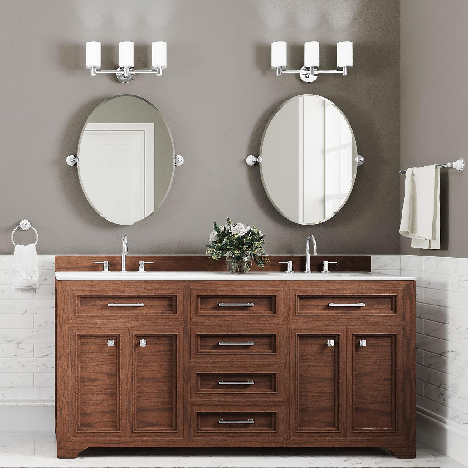 Gatco 1686 Latitude II 3-Light Bathroom Vanity Light Fixture, Wall Mounted, 19.65-Inch W x 9.5-Inch H, Chrome, Frosted Glass Shades, Triple Sconce