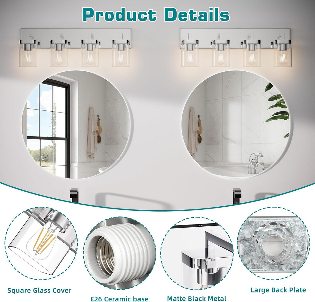 Chrome Bathroom Vanity Light, Square Design 4 Lights Morden Vanity Lighting Fixtures Over Mirror, Bathroom Vanity Light Fixtures for Living Room/Bedroom