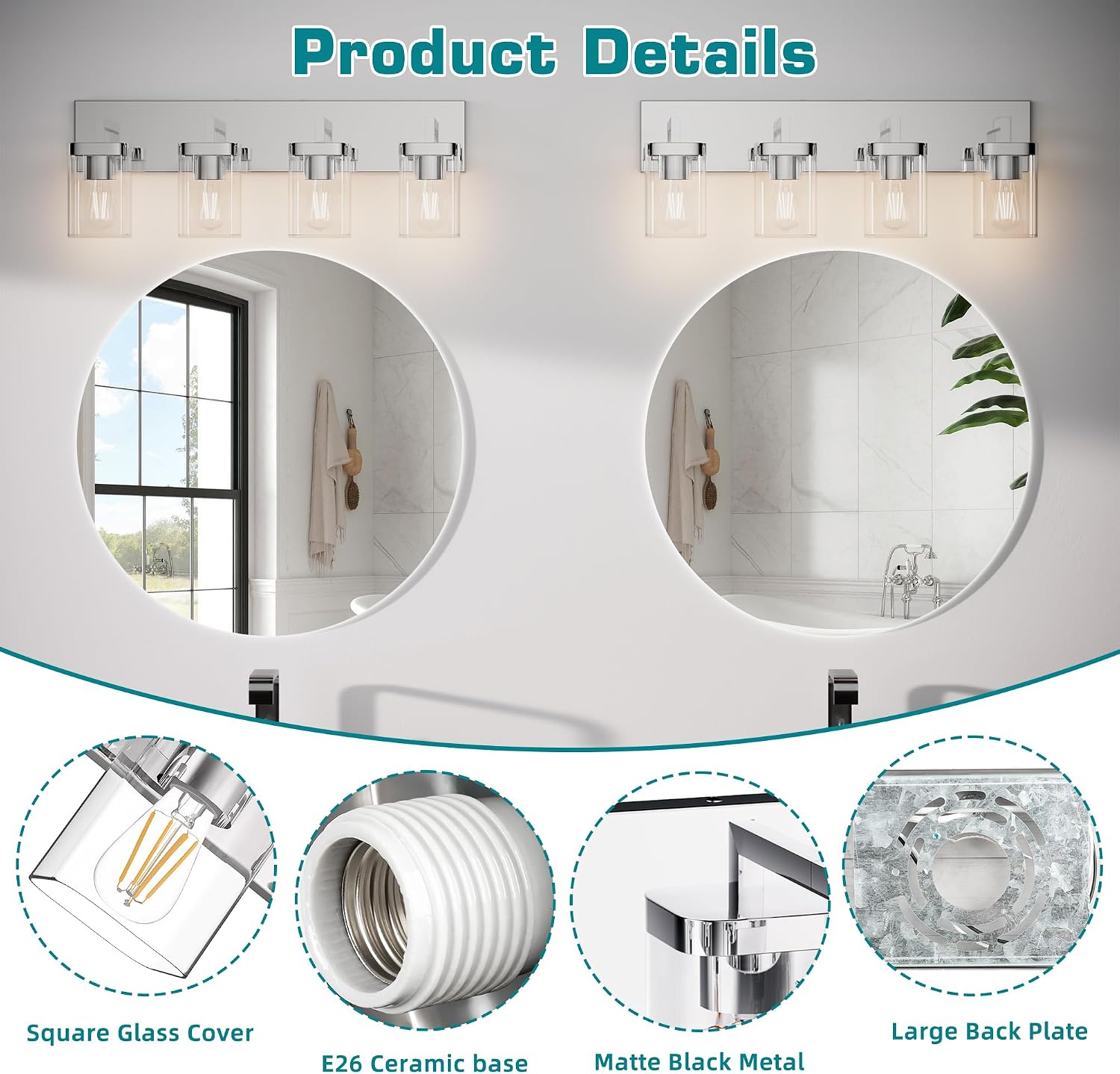 Chrome Bathroom Vanity Light, Square Design 4 Lights Morden Vanity Lighting Fixtures Over Mirror, Bathroom Vanity Light Fixtures for Living Room/Bedroom