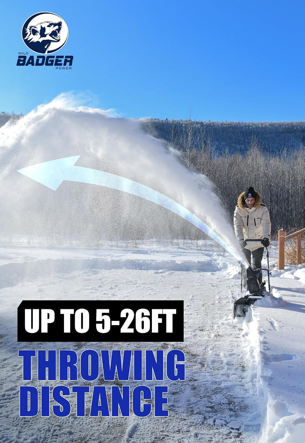 Wild Badger Power Cordless Snow Blower 40V 20' Electric, Brushless Battery Powered with LED Single Stage for Wet Snow and Heavy Snow, Blue