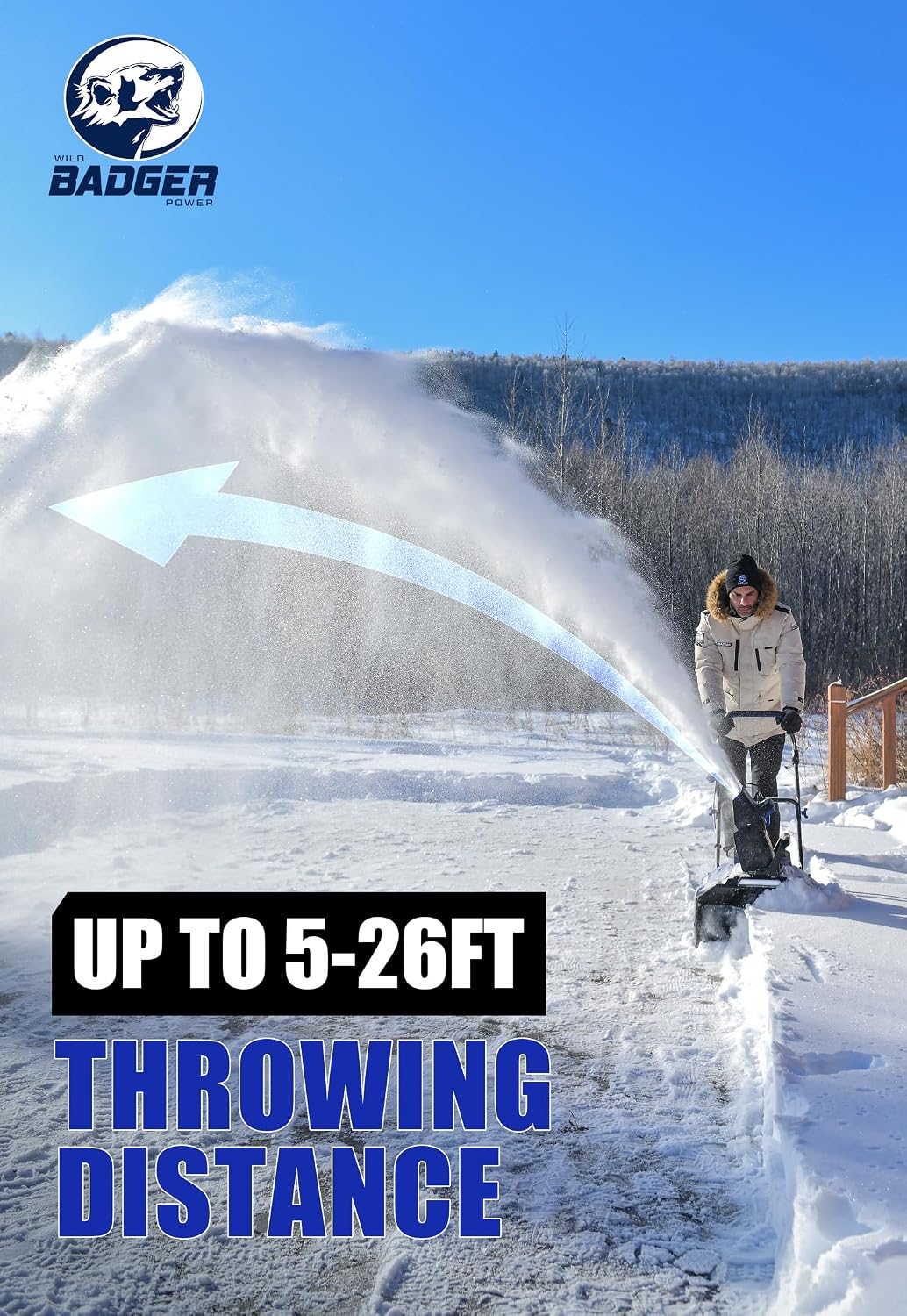 Wild Badger Power Cordless Snow Blower 40V 20' Electric, Brushless Battery Powered with LED Single Stage for Wet Snow and Heavy Snow, Blue