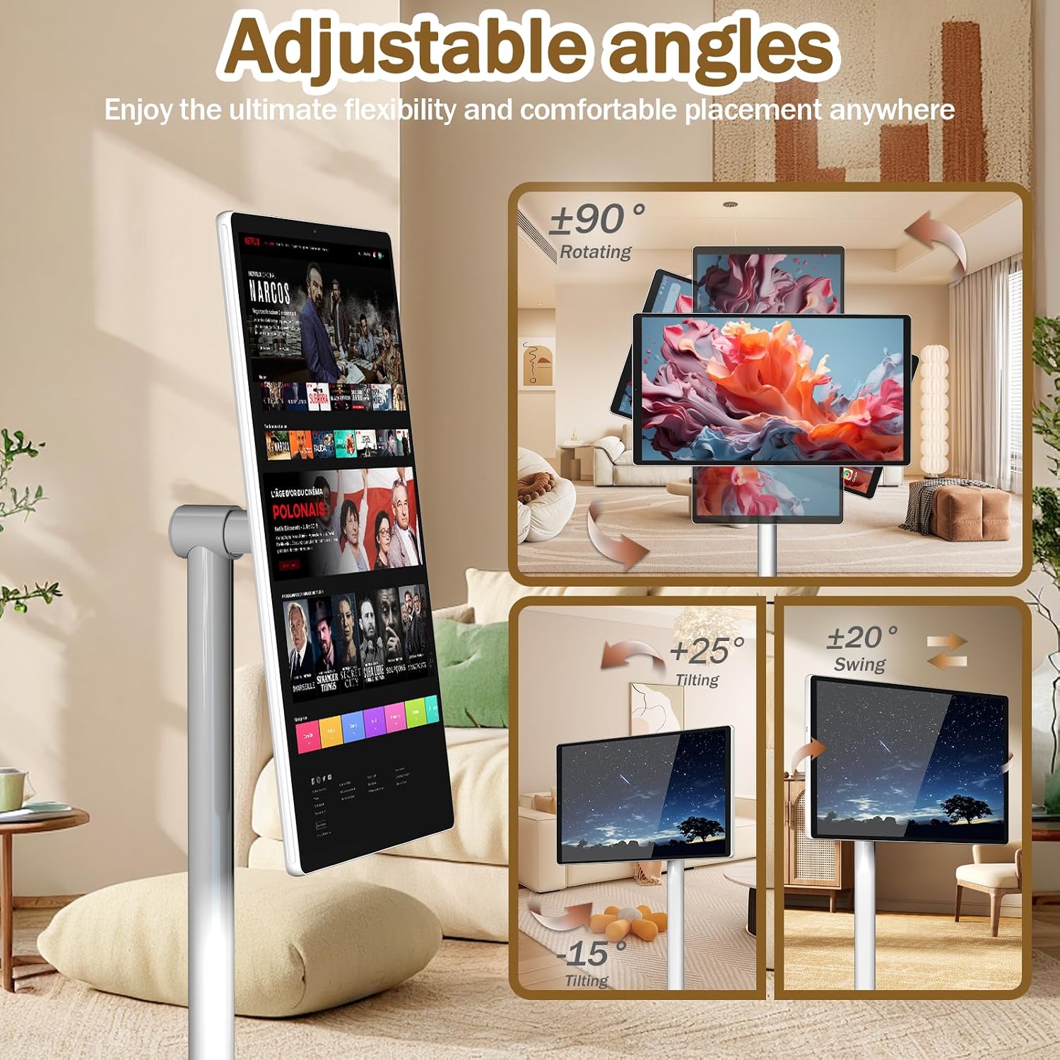 21.5' FHD Smart Portable TV, Rolling TV on Wheels, Android 15 OS, 6G +128GB Storage, Portable Touch Screen Monitor, 13MP Camera, Built-in Battery, 60Hz Refresh Rate, Full Swivel Rotation, Voice Remote