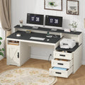 TVU Farmhouse Computer Desk with Drawers, 65'' Home Office Desk with Power Outlets, Storage Cabinet and Printer Stand, Study Writing Desks with Long Monitor Stand, Black and White