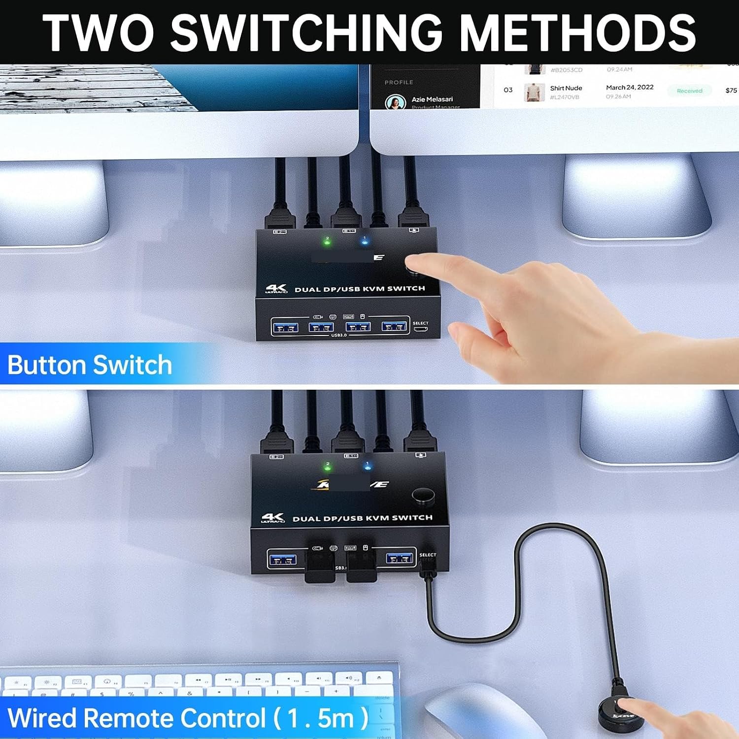 8K USB 3.0 Displayport KVM Switch 2 Monitors 2 Computers 8K@30Hz 4K@144Hz,Dual Monitor DP 1.4 KVM Switches with 4 USB 3.0 Port(202DP-USB 3.0)