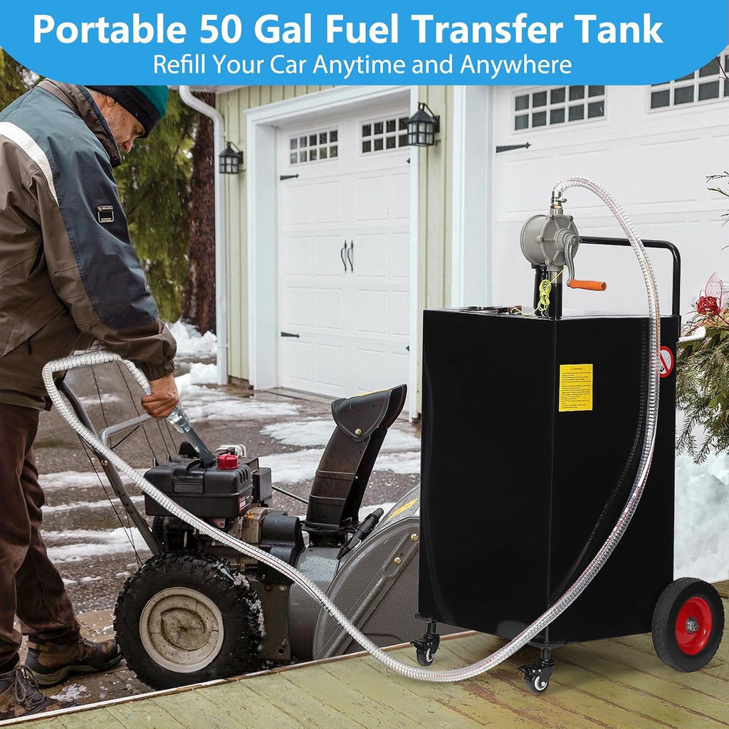 Gas Can 50 Gallon, Portable Fuel Tank with Manual Transfer Pump on, Diesel Fuel Can for Gasoline and Diesel, Compatible with Cars, Lawn Mowers, ATVs, Boats, More