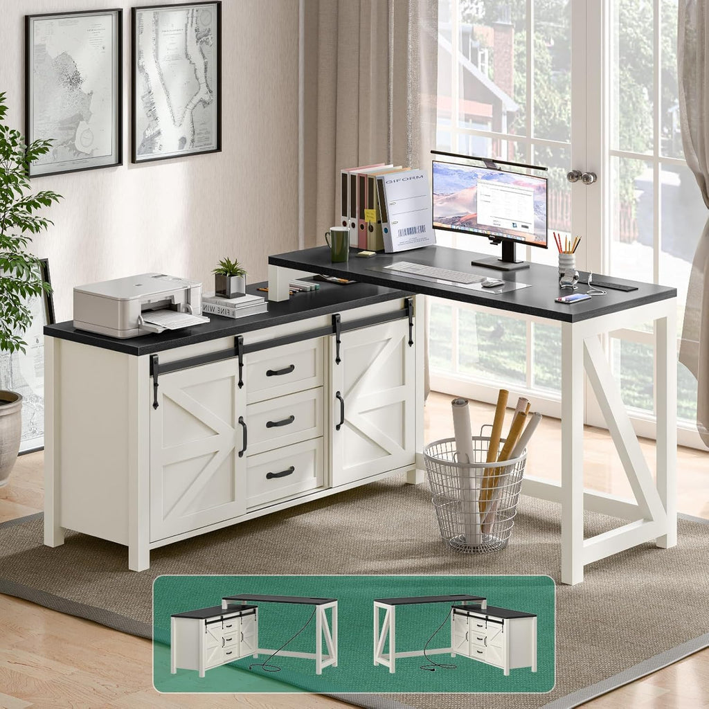 Executive L Shaped Office Desk with Drawers, Farmhouse Corner Desk for Home Office with Storage Cabinet, Computer Desk with Charging Station, Reversible Study Writing Table Workstation, Rustic White