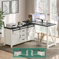 Executive L Shaped Office Desk with Drawers, Farmhouse Corner Desk for Home Office with Storage Cabinet, Computer Desk with Charging Station, Reversible Study Writing Table Workstation, Rustic White