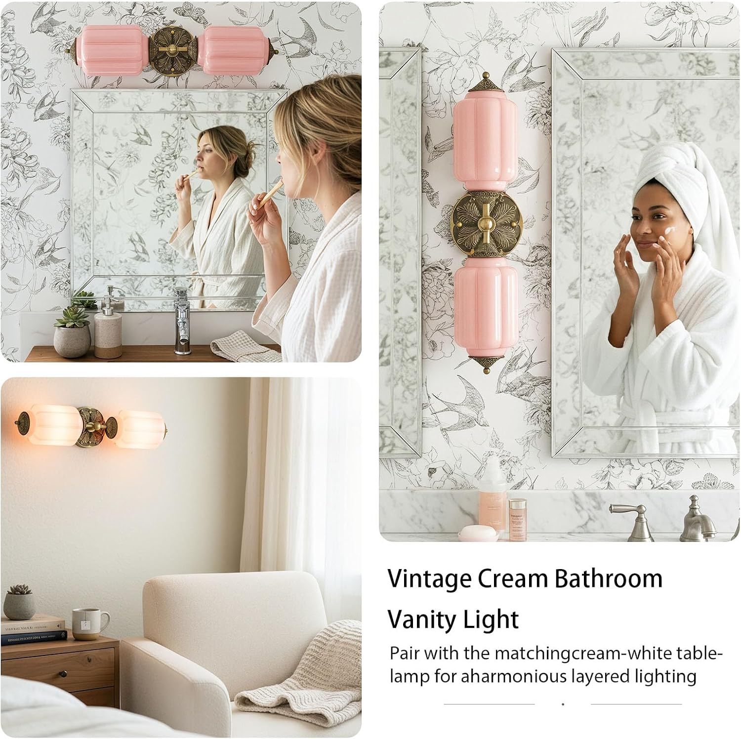 Vintage Vanity Light - 2-Light Wall Sconce with Brass Finish Base & Green Glass Shade - Wall Sconce Lighting for Mirror, Kitchen, Living Room, Gallery (Bulbs Included) (Pink)