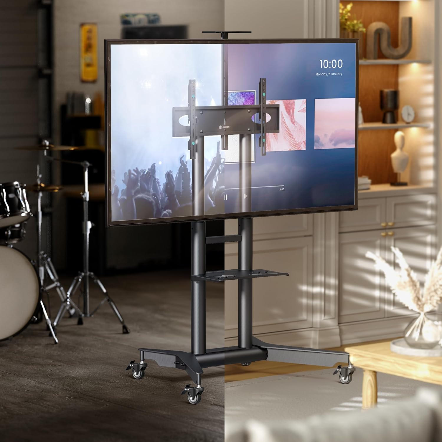 ONKRON Mobile TV Stand on Wheels for 32-75 Inch Screen, max Load 132 lbs, Height Adjustable TV Portable Stand, VESA 200x200-600x400, TV Cart Rolling TV Stand with Wheels and Shelf Black