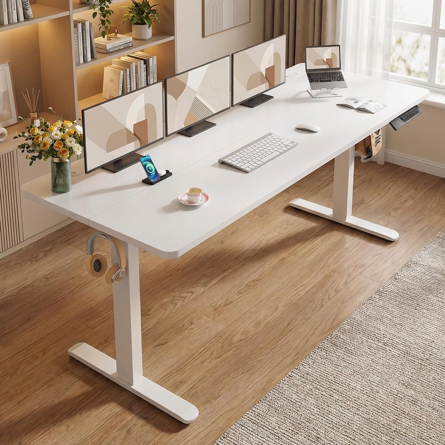 Electric Adjustable Height Standing Desk, 55×24 Inches Sit Stand Desk with Power Socket, 2 USB Ports, 3 Power Outlets, 4 Wheels,4 Memory Buttons Home Office Computer Workstations(White)