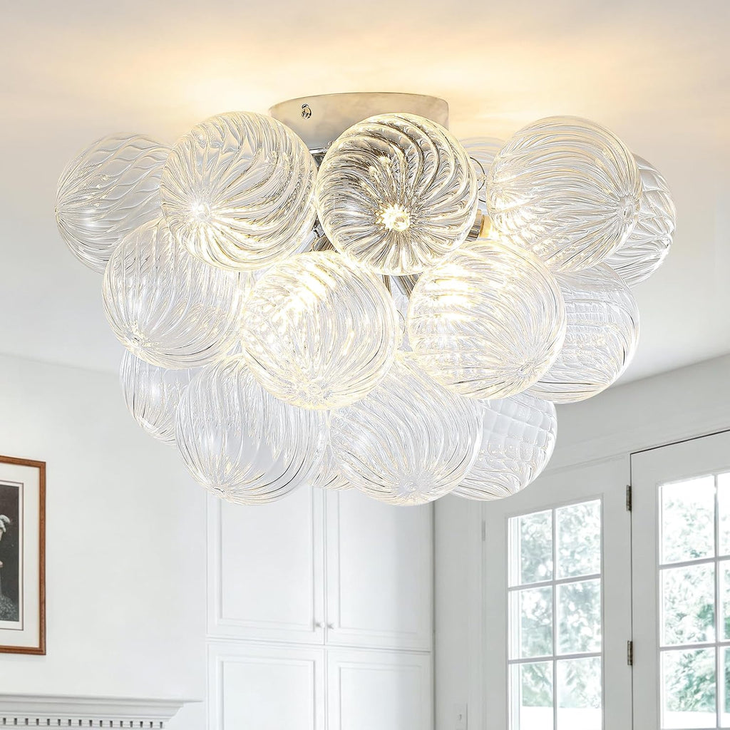 8-Light Flush Mount Ceiling Light, 16' Glass Bubble Ball Chandelier with 21 Clear Balls, Modern Globe Dining Room Light Fixture for Bedroom, Living Room, Hallway, Entry, Bathroom