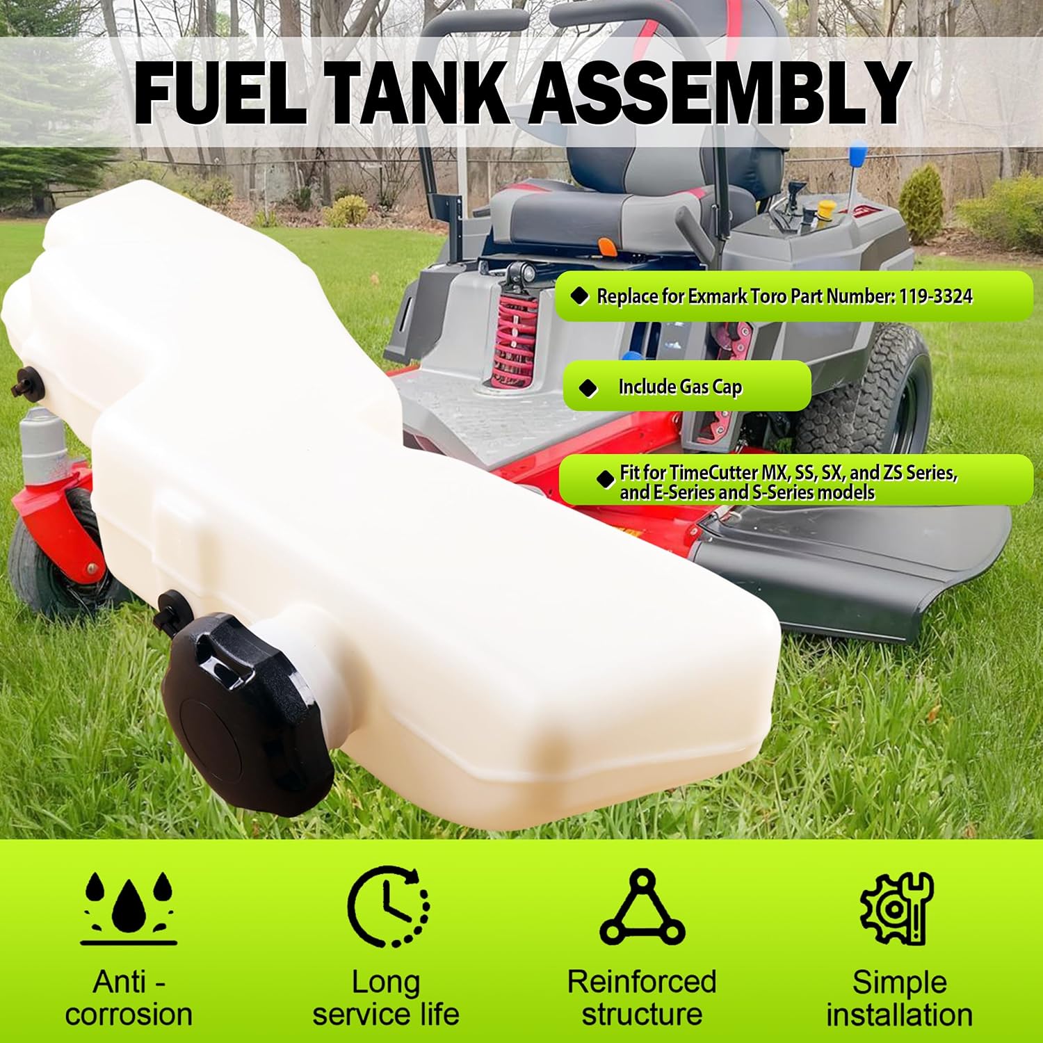 JEENDA Fuel Tank Assembly with Cap 119-3324 Compatible with Exmark Quest E-Series,Quest S-Series,for Toro TimeCutter MX, TimeCutter SS, TimeCutter SX, TimeCutter ZS Series